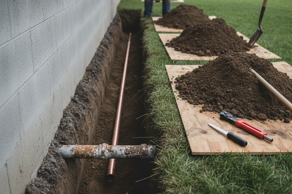 Excavated water line trench during Water Heater Repair in Berryville